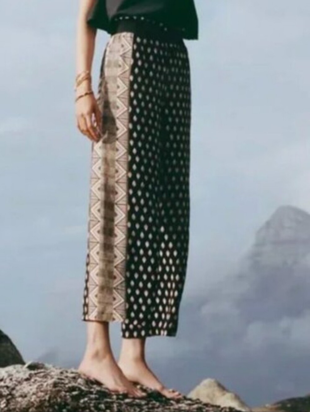 Printed Wide-Leg Cropped Pants - Black & Cream